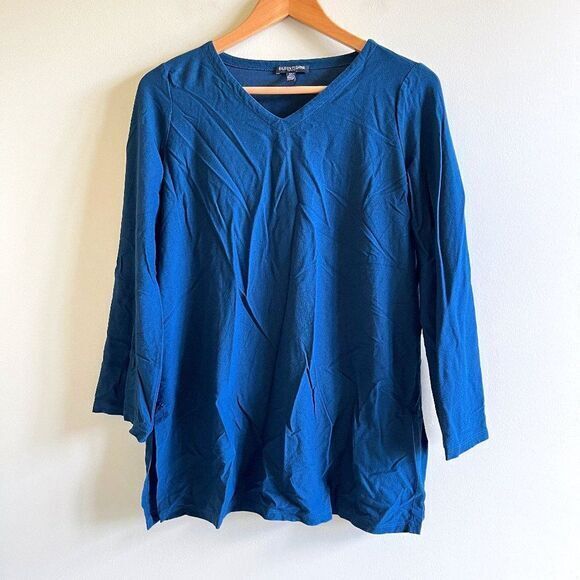 Eileen Fisher Blue 3/4 Sleeve Top Blouse‎ V Neck Womens Petite Size PP PS - Picture 1 of 4